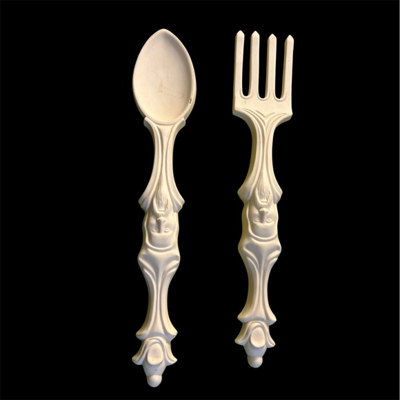 None Other - Elegant Cream Porcelain Clay Fork & Spoon With Wizard Face Decor